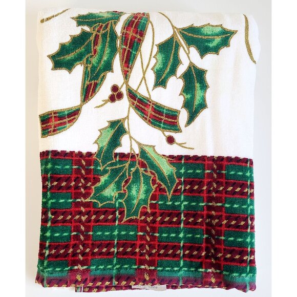 Lenox Holiday Nouveau Bath Towel & Hand Towel Christmas Holly Berry Plaid NWT - Picture 4 of 10